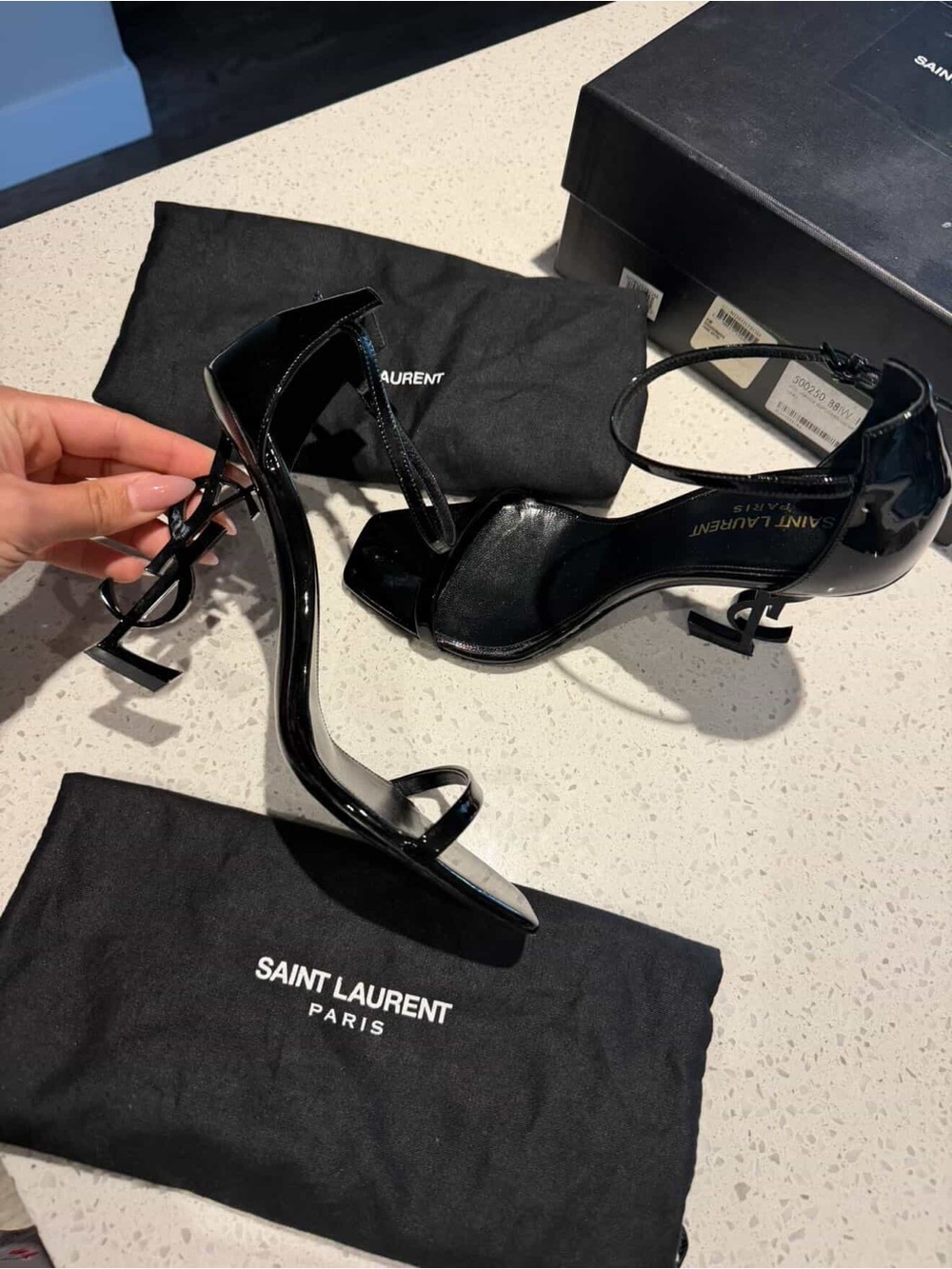 Saint Laurent Black Patent Leather Opyum Ankle-Strap Sandals Sz 38.5